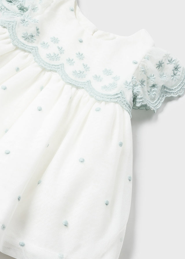 Embroidered tulle dress with diaper cover for newborn