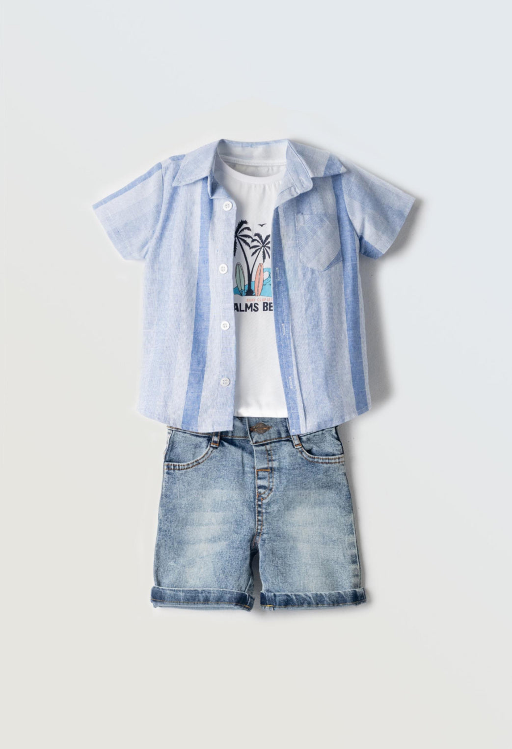 Completo camicia, maglietta e pantaloncino baby maschio