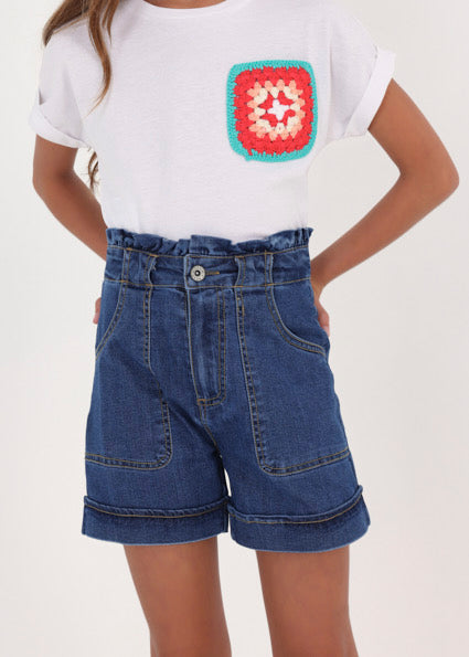 Pantaloncino jeans vita alta cotone ragazza