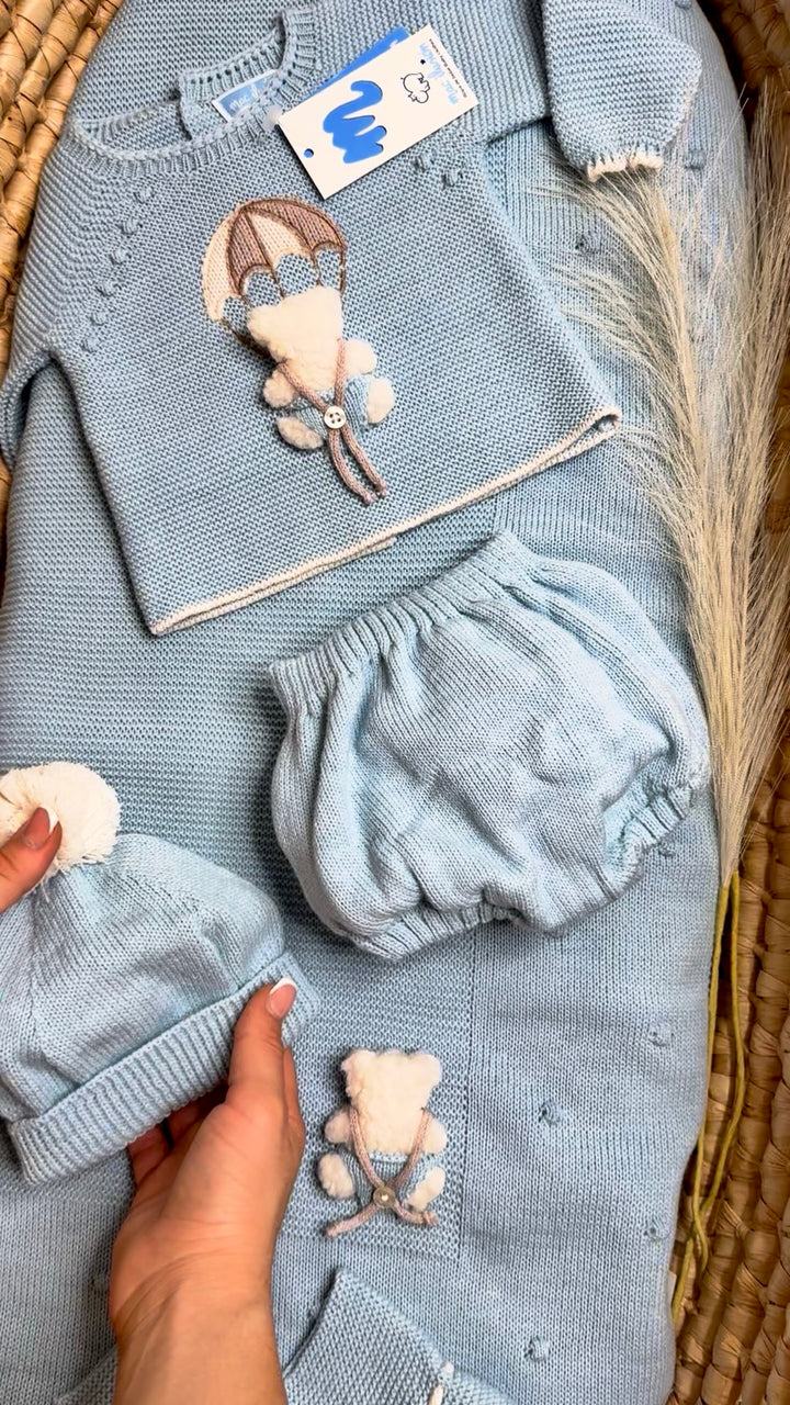 Completo corto 4 pezzi in tricot con pompon e orsetto neonato Mac Illusion