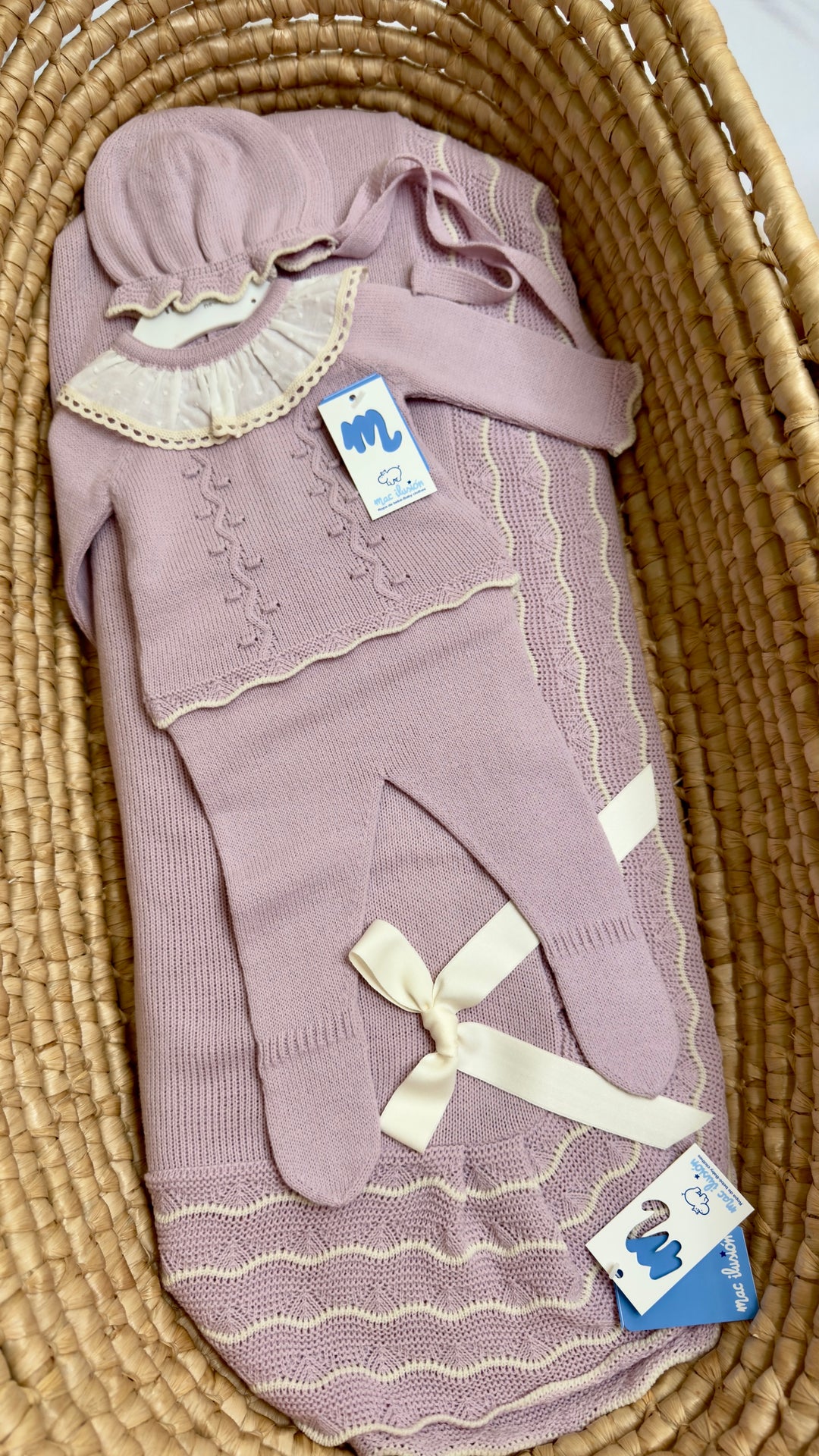 Completo tre pezzi in tricot con colletto in cotone neonata Mac Ilusion