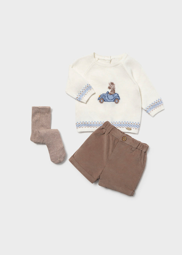 Completo tre pezzi con calzamaglia pantaloncino e maglione neonato Mayoral