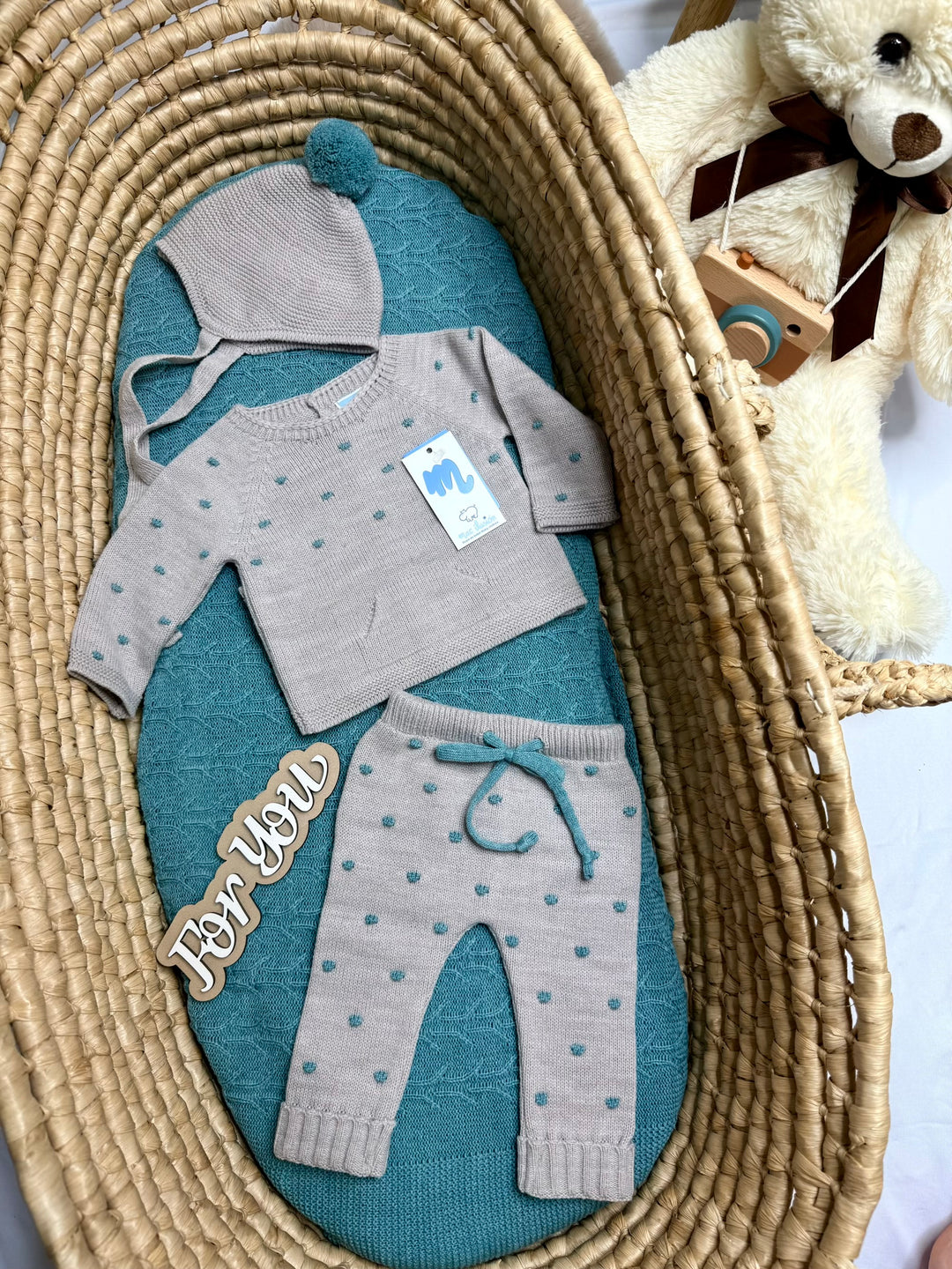 Completo lungo 3 pezzi in tricot con pompon neonato Mac Illusion