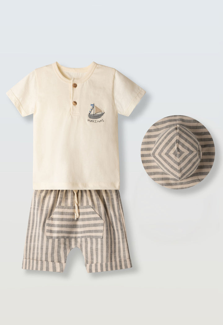 Completo 3 pezzi con cappello a righe baby boy Hashtag
