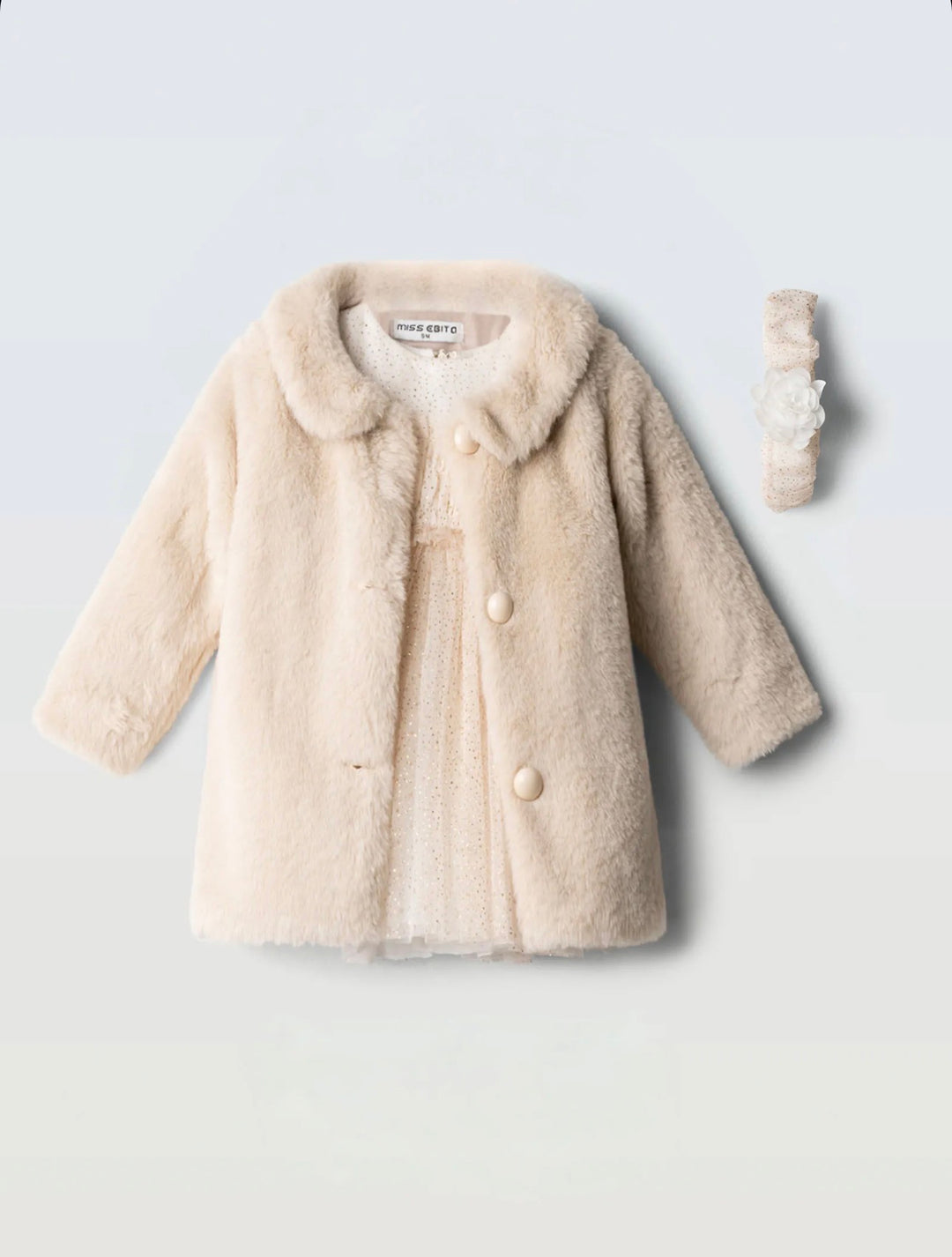 Completo tre pezzi con pelliccia, vestito e fascia baby femmina Ebita