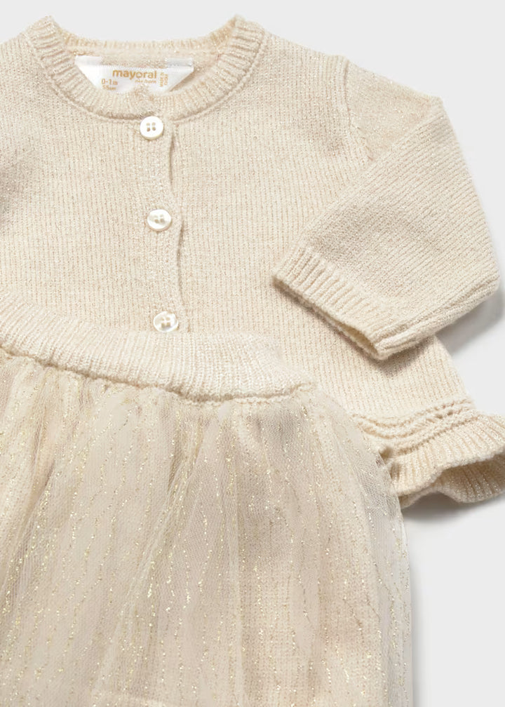 Completo tre pezzi con gonna in tricot e tulle neonata Mayoral