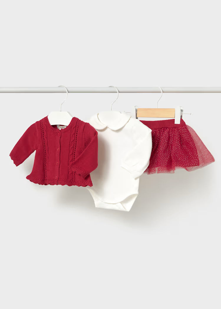 Completo tre pezzi con gonna in tulle e tricot neonata Mayoral