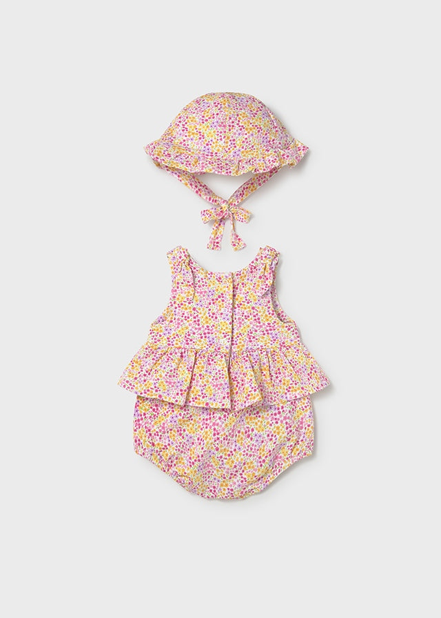 Pagliaccetto floreale con cappello neonata Mayoral