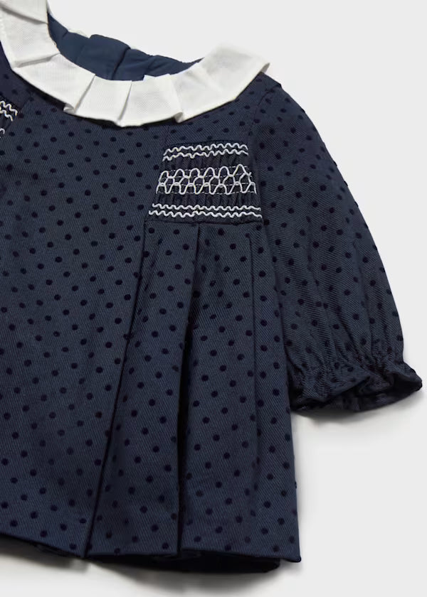Vestito punto smock e pois in velluto neonata Mayoral
