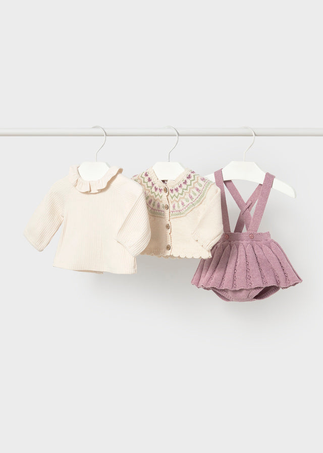 Completo tre pezzi gonna salopette camicia e maglioncino aperto neonata Mayoral