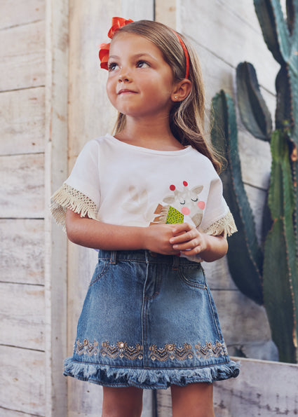 Gonna jeans con ricamo cotone bambina